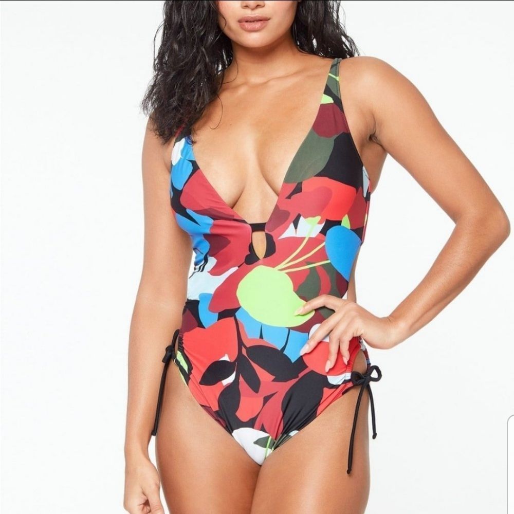 Bar 111 Monokini Black Multi color Floral Print Side Tie Swimsuit NWT Sz. Small